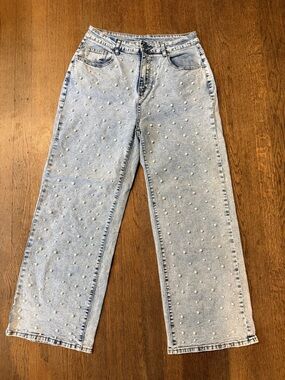 Pearl-Embellished Light Blue Wide Leg Jeans